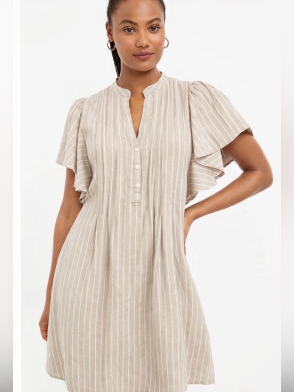 Loft Flutter Sleeve Linen Viscose Shift Dress XS Beige Stripe Neutral Minimalist
